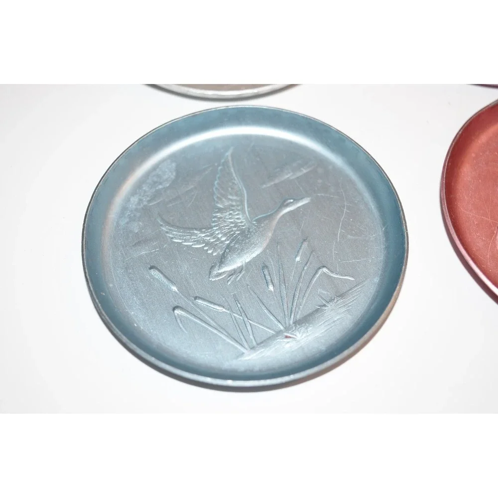 Vtg 6 pc set Ducks Flying‎ Over Cattails Embossed Aluminum Coasters
